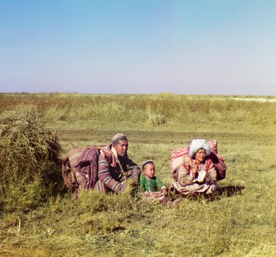 Nomadic Kirghiz: a man, woman and a child in the Golodnaia Steppe, Russian Empire, between 1905 and 1915 by Sergey Prokudin Gorsky